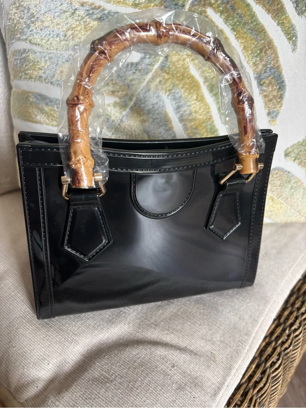 Black Waterproof bamboo handle handbag